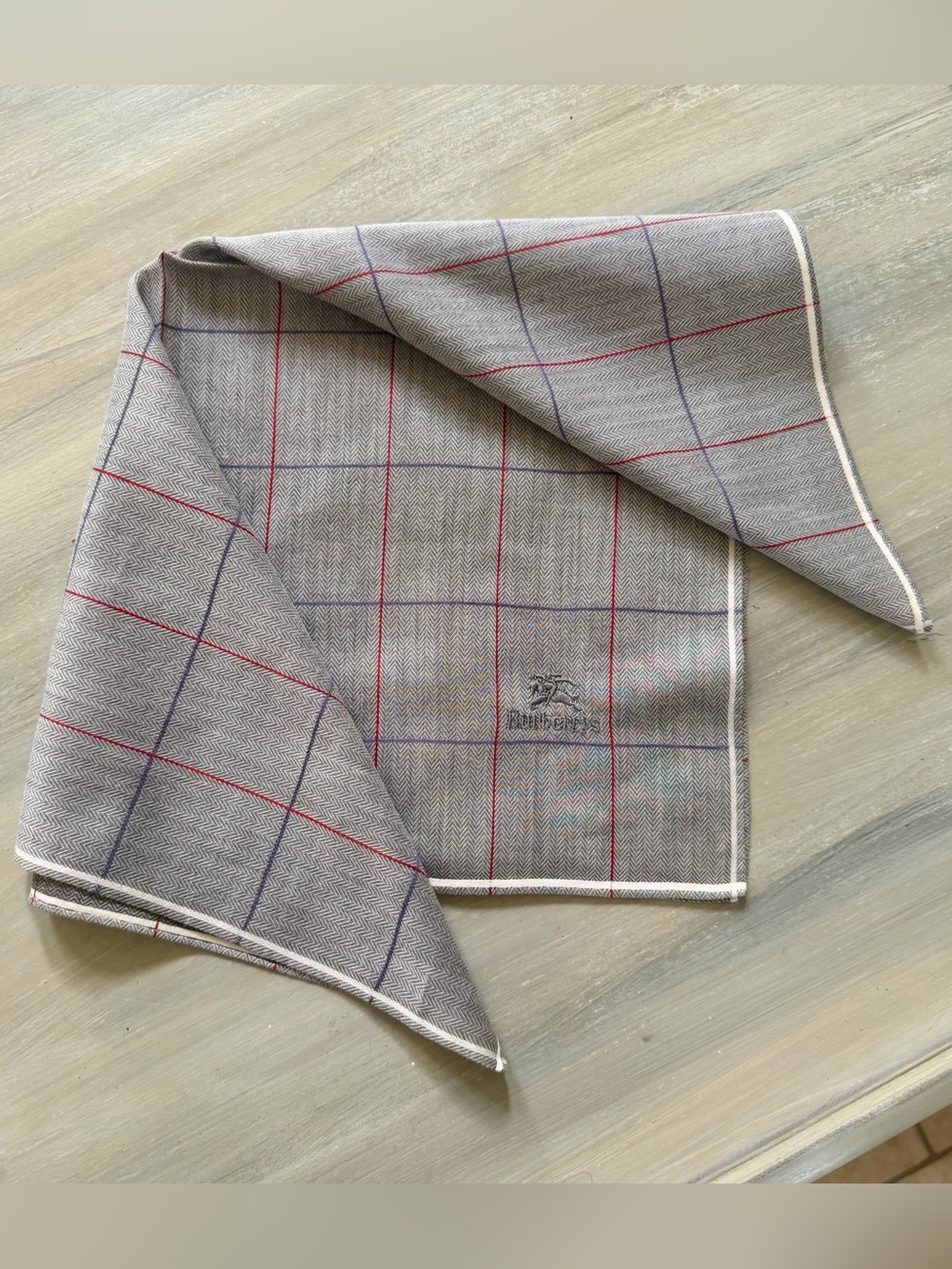 Burberry’s Grey Windowpane Herringbone Pocket Square with Red Purple & Blue Line - Picture 10 of 13